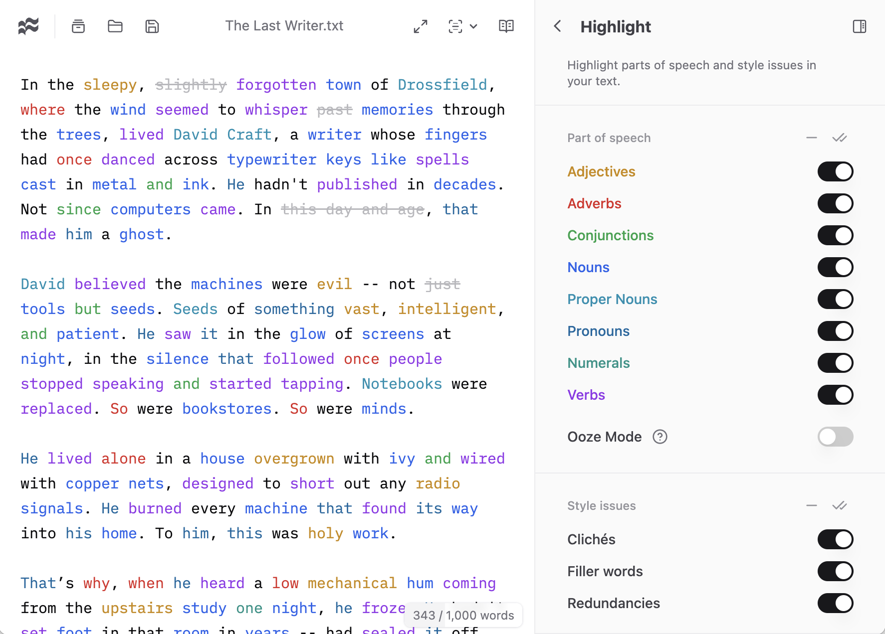 Highlight parts of speech and style issues in IWL