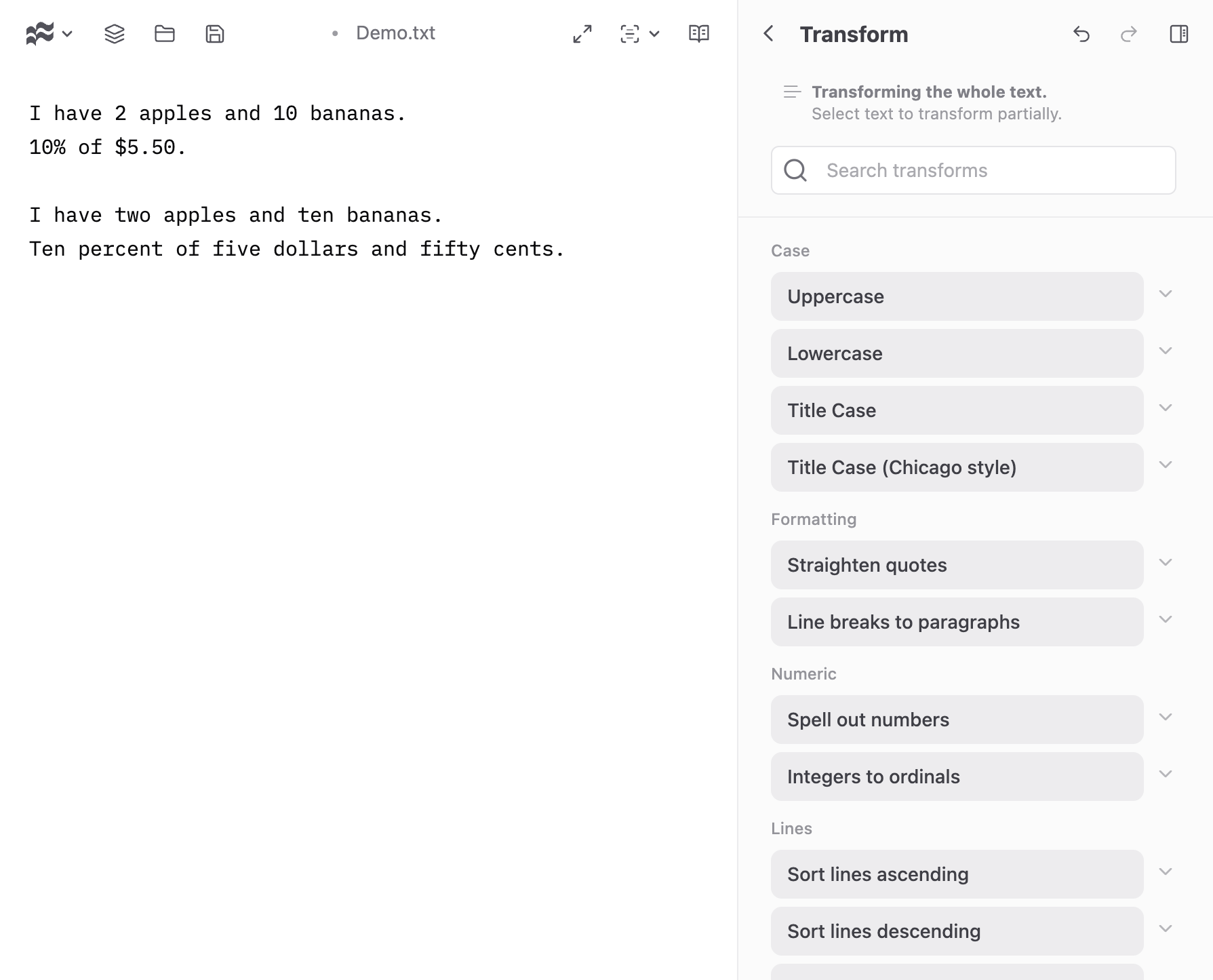 Screenshot of Text Transforms tool in I Write Like