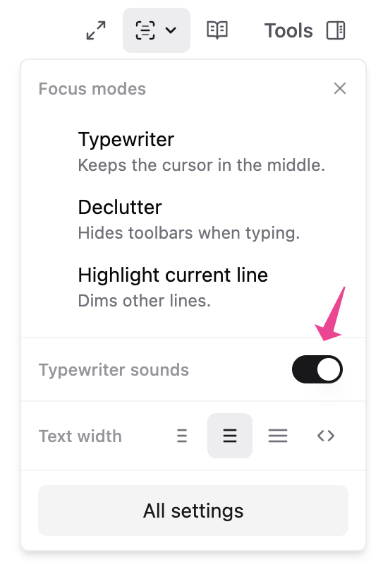 Typewriter sounds setting in I Write Like