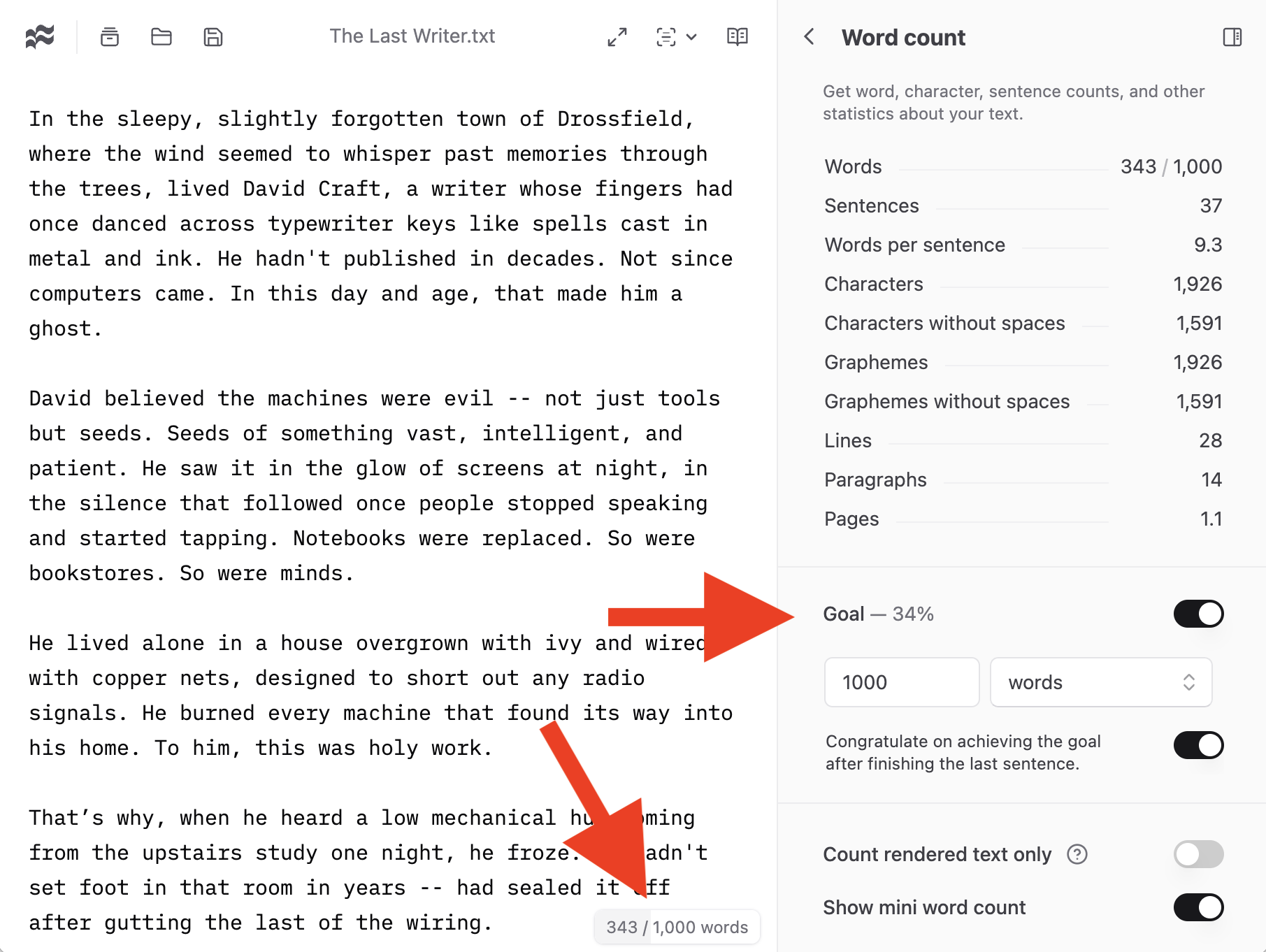 Improved word count UI in IWL