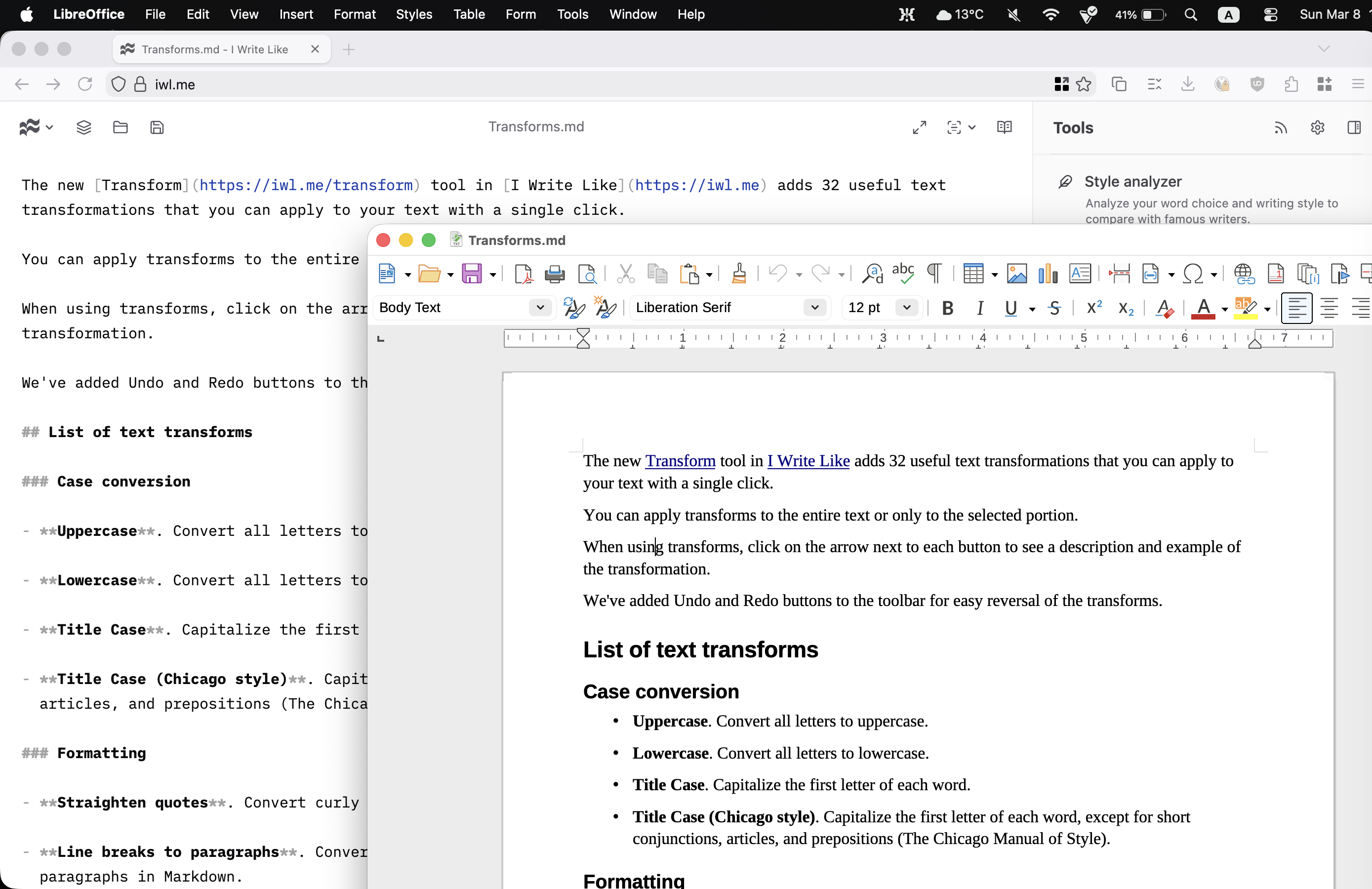 IWL and LibreOffice Writer with the same text opened