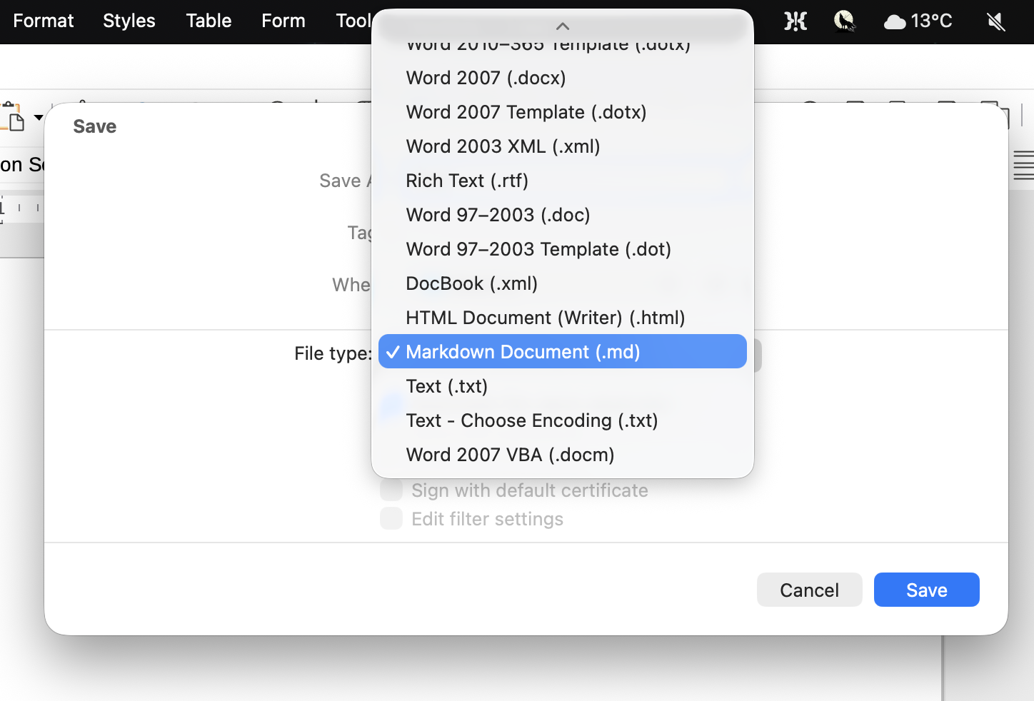 Save as Markdown in LibreOffice Writer
